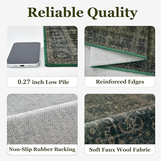 Dark Green 2x6 Hallway Runner Rug, Washable Non Slip Thin Carpet Runners for Kitchen Floor, Distressed Moody Runner Rugs for Entryway/Foyer/Bedroom/Laundry Room, Green with Brown Accents