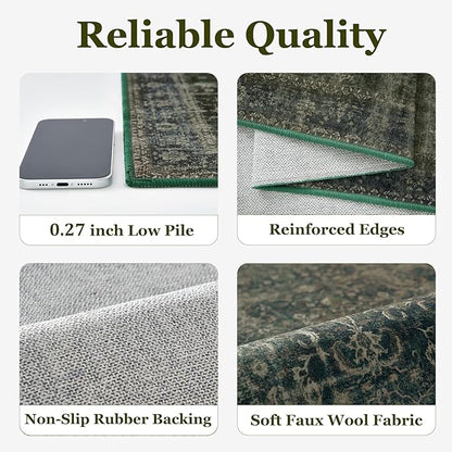 Dark Green 9x12 Large Area Rug for Living Room, Washable Low Pile Rug for Dining Room Under Table, Non Slip Thin Big Carpet Rugs for Bedroom, Moody Green with Brown Accents