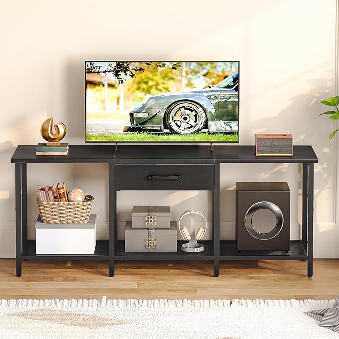 HOOBRO TV Stand for TVs up to 55 Inch, Entertainment Center with Fabric Drawer & Open Shelves, Industrial TV Media Console Table with Storage, for Living Room, Bedroom, Black BB125DS01