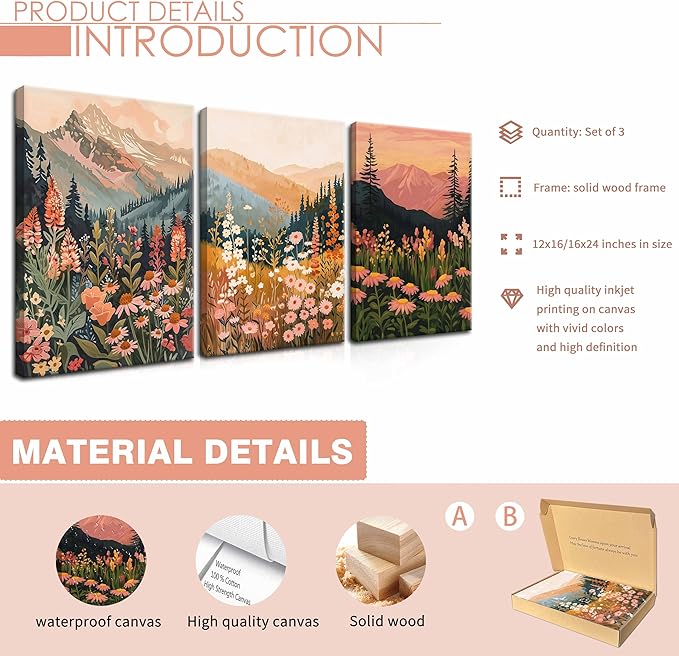 Framed Wildflower Mountain Landscape Wall Art Set of 3, Colorful Floral Wall Decor, Boho Sunset Landscape Canvas Artwork, Earth Tone Botanical Poster Prints for Living Room Bedroom 16x24 Inch
