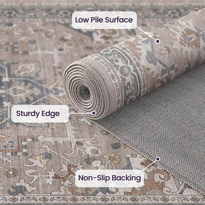 DEXI Area Rugs for Living Room, Washable Low Pile Vintage Traditional Rug for Bedroom, Non Slip Indoor Carpet for Dining Office Nursery, 5x8, Beige Blue