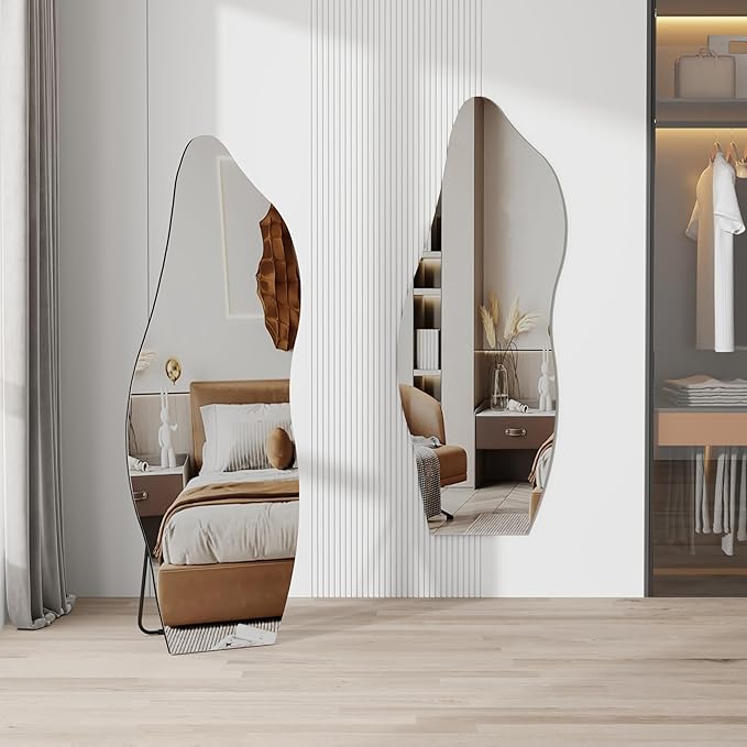 QDSSDECO Full Length Mirror with Stand 63"x24" Irregular Wall Mirror Wave Frameless for Living Room Bathroom Bedroom Entryway Decor