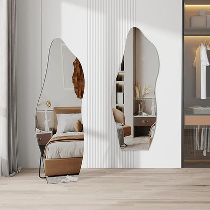 QDSSDECO Full Length Mirror with Stand 63"x24" Irregular Wall Mirror Wave Frameless for Living Room Bathroom Bedroom Entryway Decor