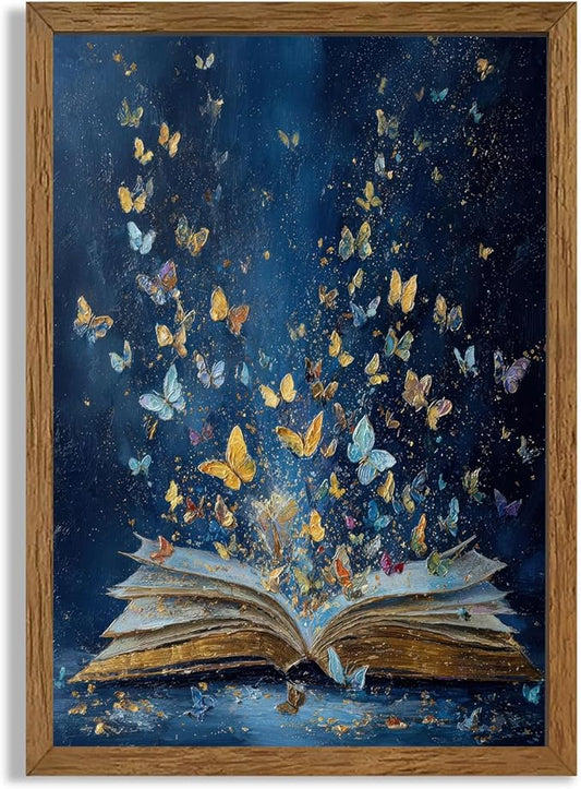 JLTULT Colorful Butterfly On Book Page Canvas Wall Art, Vintage Fantasy Butterflies Art Wall Decor, Modern Aesthetic Art Print for Bathroom Bedroom Living room Study 16x24 In Wood Framed Easy to Hang