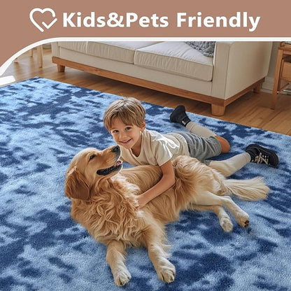 FinRèc 4x6 Washable Area Rugs for Bedroom Living Room, Low Pile Thin Ultra Soft Shag Rug, Non-Slip Carpet Indoor for Home Decor (Tie-dye Teal)