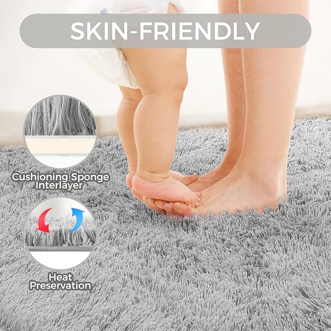 Ultra Soft Rug for Living Room, 8X10 Light Grey Fluffy Shag Area Rug for Bedroom, Modern Shaggy Carpets Fuzzy Rug for Teens Dorm Nursery Home Decor Aesthetic, Upgrade Anti-Skid Durable