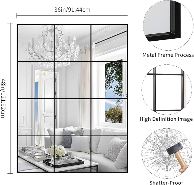 YIROMAN Window Pane Mirror, 36x48 Inch Black Rectangular Decorative Wall Mirror, Large Window Metal Framed Mirrors for Bedroom Living Room Fireplace Entryway, Hanging or Leaning Against Wall