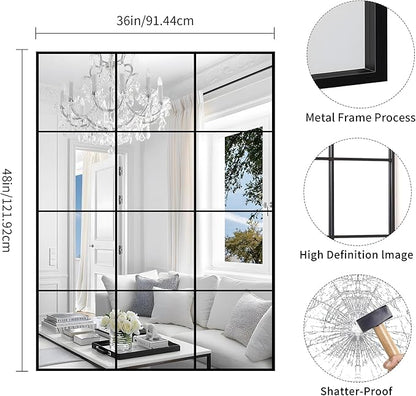 YIROMAN Window Pane Mirror, 36x48 Inch Black Rectangular Decorative Wall Mirror, Large Window Metal Framed Mirrors for Bedroom Living Room Fireplace Entryway, Hanging or Leaning Against Wall