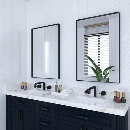 VocalStar Black Metal Framed Bathroom Mirror for Wall, 22 x 30 Inch Square Corner Rectangle Black Bathroom Vanity Mirror Modern Farmhouse, 1/4-inch Shatterproof Glass | Ultra-Flush Hanging