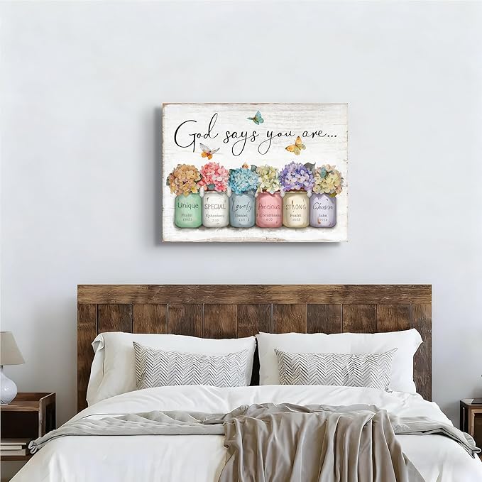 Inspirational Bible Verse Wall Art God Says You Are Sayings Wall Decort Christian Gift Quotes Painting scripture Pictures Print Flowers in Mason Jar Poster for Women Girls Bedroom(24x16 Canvas)