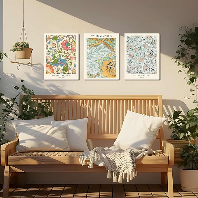 William Morris Vintage Floral Canvas Paintings - Abstract Wall Art Prints Set of 3, 12x16 in Framed, Modern Eclectic Wall Decor for Living Room, Bathroom, Bedroom, Office