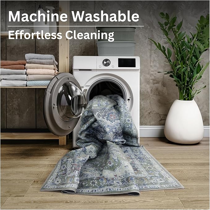 Bloom Rugs Washable Non-Slip 6' x 9' Rug - Green/Blue Traditional Medallion Area Rug for Living Room, Bedroom, Dining Room, and Kitchen - Exact Size: 6' x 9'
