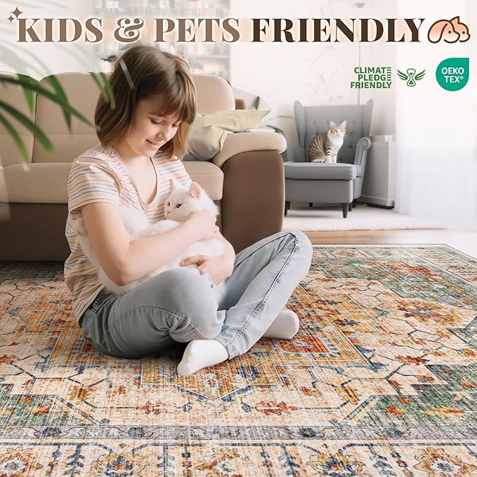 Area Rug 9x12 Vintage Rug: Large Washable Indoor Medallion Rugs Low Pile Distressed Floor Carpet Retro Accent Rug for Living Room Bedroom Kitchen Dining Table Home Office(Green/Yellow, 9'x12')
