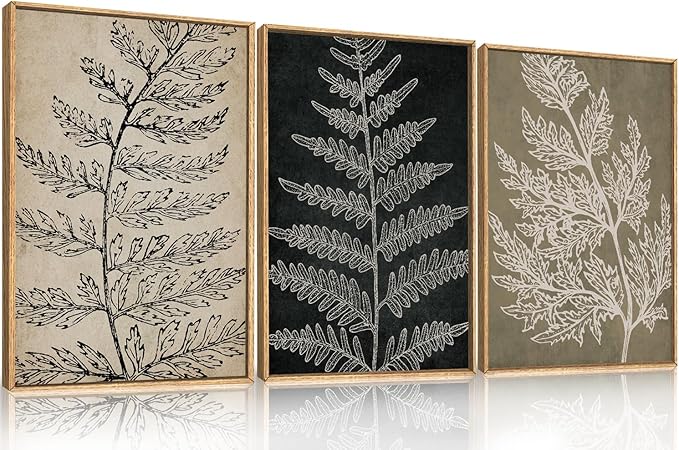 KAIRNE Vintage Botanical Framed Canvas Wall Art Set, Retro Fern Leaf Wall Decor, Rustic Black Tan Art Prints, Modern Minimalist Leaves Artwork for Living Room,Bedroom,Farmhouse,Office-16 x24 x3