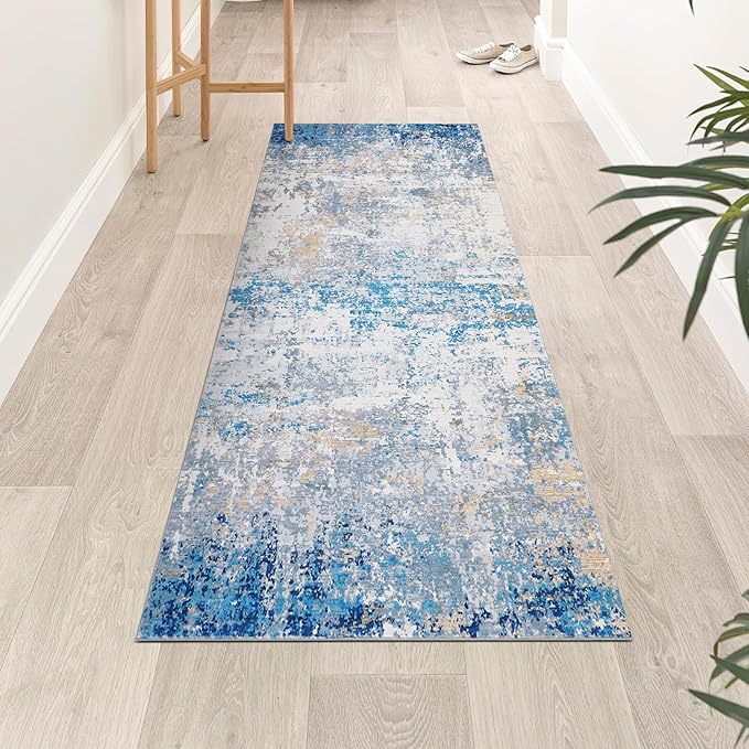 ROYHOME Modern Abstract Runner Rug 2x5 Washable Non Slip Stain Resistant Rug for Bedroom Living Room Non Shedding Low Pile Indoor Floor Cover,Blue/Grey