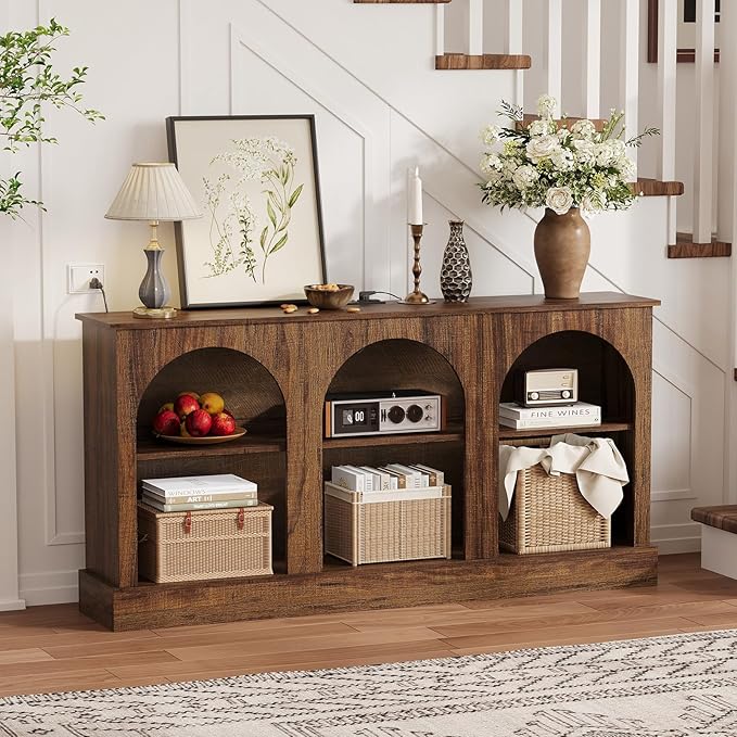 63" Arched TV Stand with Power Outlets, Console Table with Charging Station for Entryway Living Room, 3-Tier Modern Entertainment Center for 65 70 Inch TV, Media Console with Open Shelves, Brown