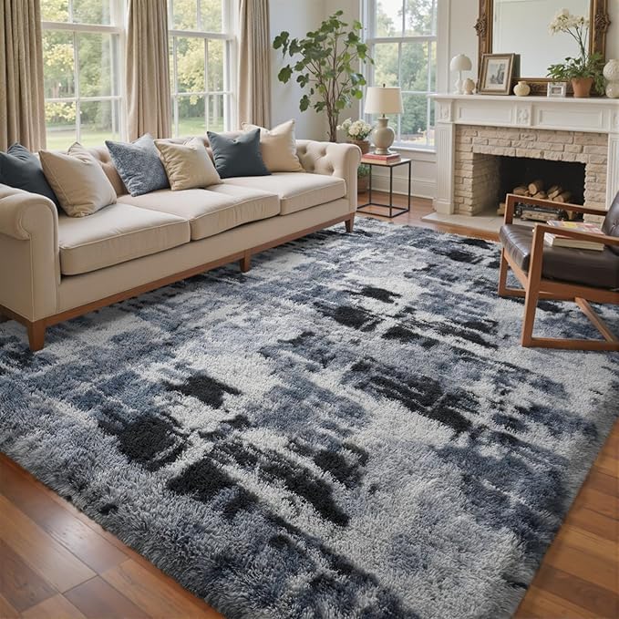 7x10 Ft Extra Large Shag Rugs for Living Room, Tie Dyed Ultra Soft Fluffy Furry Area Rugs for Bedroom Indoor Floor, Aesthetic Carpet for Kids Home Decor (Blue)