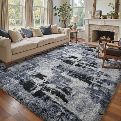 7x10 Ft Extra Large Shag Rugs for Living Room, Tie Dyed Ultra Soft Fluffy Furry Area Rugs for Bedroom Indoor Floor, Aesthetic Carpet for Kids Home Decor (Blue)