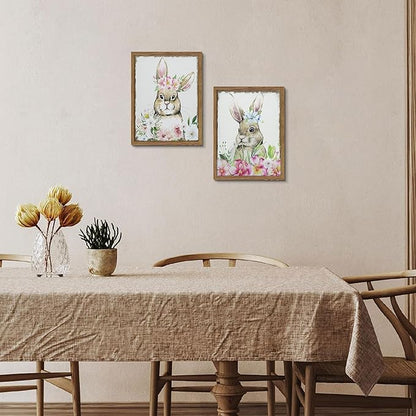 Framed Vintage Easter Wall Art Decor, Easter Bunny Picture Wall Decorations Set of 2, Spring Rustic Rabbit Poster Prints Painting for Kids Room Living Room Bedroom 12x16 Inch