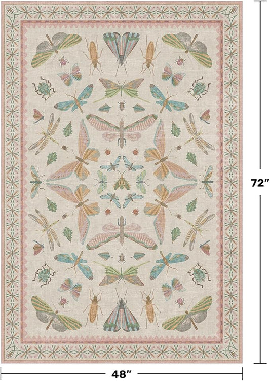 Hazo Haus Neutral Girl Nursery Rug 4x6 - Beige & Pink Rugs for Bedroom, Living Room - Washable Low Pile Non-Slip Charming Insect Print Vintage Girly Design, Perfect for Kids Rooms