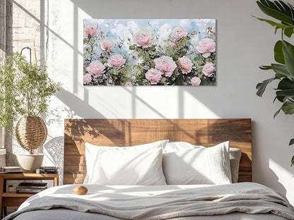 Ardemy Flower Wall Art Canvas Art Wall Decor, Floral Painting Textured Picture Living Room Pink Rose Artwork Large Framed for Bedroom Kitchen Dining Room Home Office Decor 40"x20"