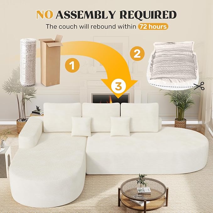 112" Modern Curved Cloud Couch, Boneless Couches for Living Room with Deep Seat, Memory Foam Compressed Modular Sectional Sofa, No Assembly Required,Beige 1 PCS