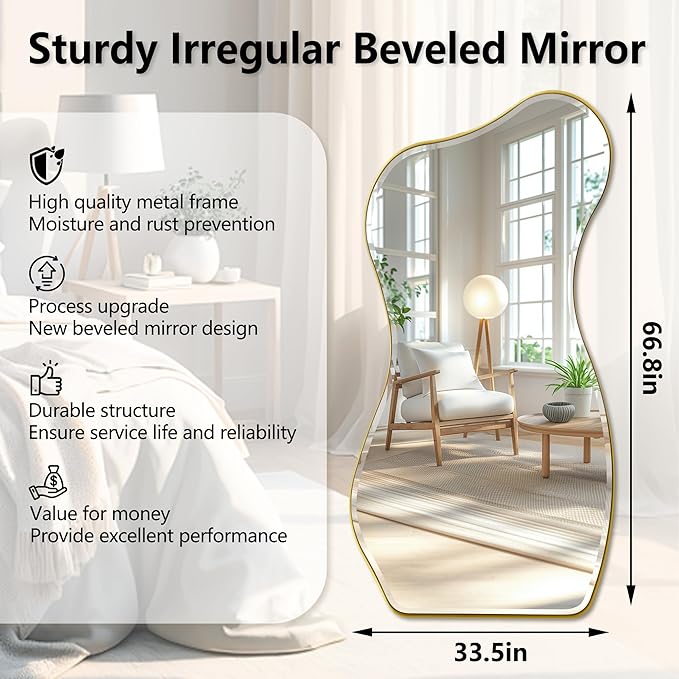 POZINO Irregular Beveled Mirror Full Length, 66.8"x33.5" Asymmetrical Aesthetic Wall Mirror with Metal Frame, Premium Organic Floor Mirrors for Living Room Entryway Cloakroom, Leaning/Wall-Mount