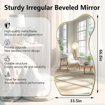 POZINO Irregular Beveled Mirror Full Length, 66.8"x33.5" Asymmetrical Aesthetic Wall Mirror with Metal Frame, Premium Organic Floor Mirrors for Living Room Entryway Cloakroom, Leaning/Wall-Mount