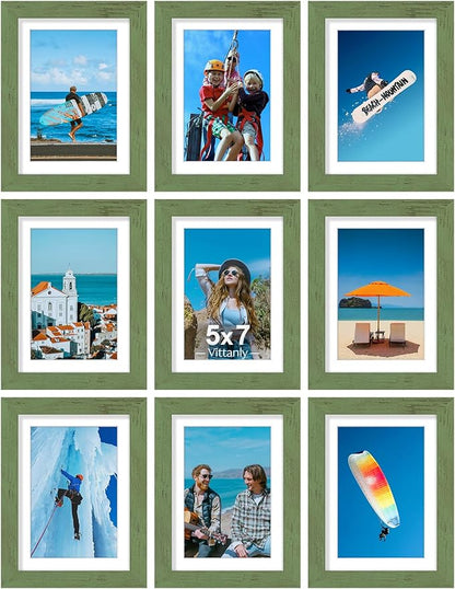 Vittanly 5x7 Picture Frames Set of 9, Display 4x6 Pictures with Mat or 5x7 without Mat, Photo Frames for Wall or Tabletop with Plexiglass, Engineered Wood, Rustic Green