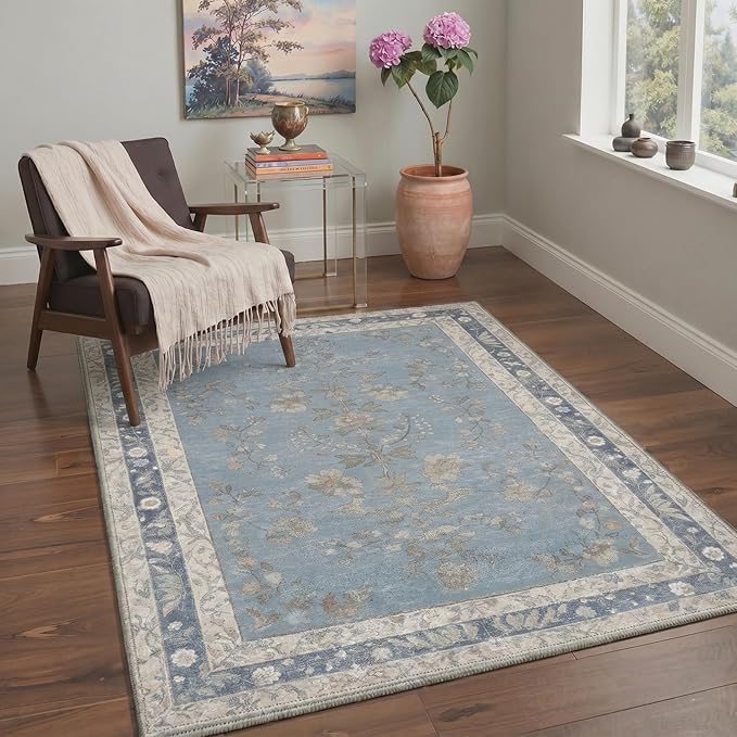 GENIMO Runner Rug 2x5 Non Slip Machine Washable Vintage Hallway Runner Rug, Low Pile Lightweight Rugs for Entryway, Hallway, Kitchen and Corridor, Dusty Blue
