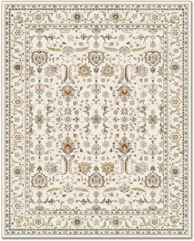 Washable 5x7 Area Rugs for Living Room, Boho Non-Slip Vintage Rugs for Bedroom Dining Room Nursery Office, 0.3" Neutral Oriental Throw Thin Carpet with Cushioning Pad, Beige/Rust/Multi, B1