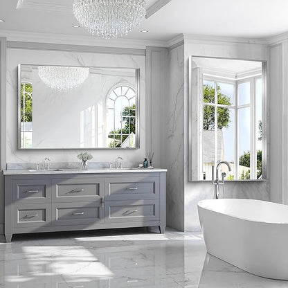 CIRCUMI Silver Bathroom Mirror, 40"x60" Rectangular Mirror with Deep Metal Frame, Brushed Finish, Tempered Glass, Large Mirror for Wall, Over 2 Sinks, Installed Vertically/Horizontally, Crystal-Clear