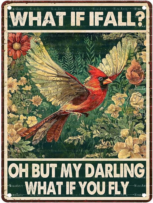 Red Bird Vintage Tin Sign What If I Fall Metal Tin Sign for Home Bedroom 12X16Inch