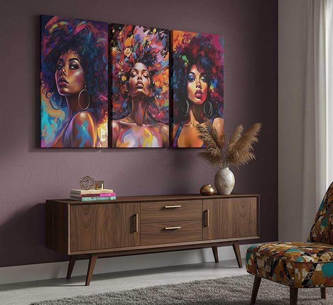 3Pcs African American Women Canvas Wall Art Colorful Graffiti Afro Girl Painting Modern Abstract Aesthetic Pictures Wall Decor Posters Print Artwork for Living Room Bedroom Home Decoration