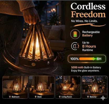 Rechargeable Campfire Night Light with Crackling Sound, Realistic Flame Lamp, 3 Modes, Timer, Portable Wireless Ambient Light for Bedroom Living Room (Natural Wood)
