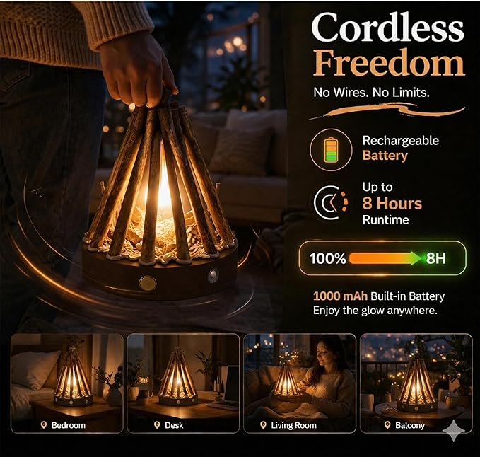 Rechargeable Campfire Night Light with Crackling Sound, Realistic Flame Lamp, 3 Modes, Timer, Portable Wireless Ambient Light for Bedroom Living Room (Walnut)