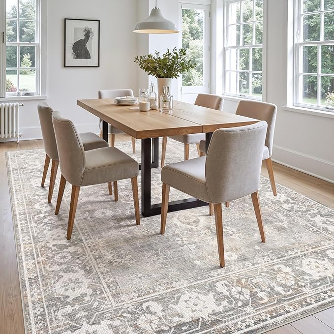 DEXI Area Rugs for Living Room, 5x8 Washable Low Pile Vintage Traditional Rug for Bedroom, Non Slip Indoor Carpet for Dining Office Nursery, Light Grey