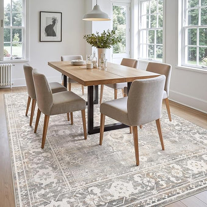 DEXI Area Rugs for Living Room, 5x8 Washable Low Pile Vintage Traditional Rug for Bedroom, Non Slip Indoor Carpet for Dining Office Nursery, Light Grey