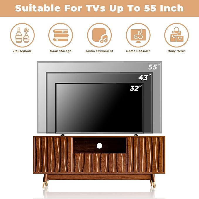 102" Walnut Finish Entertainment Center for 32/43/55 inch TV, Included 55.1'' TV Stand and 2 Glass Display Cabinet, 3-Piece Brown Mid Century Modern Wood Media Console for Living Room