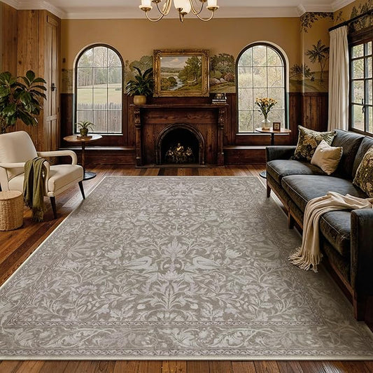 Lahome Bird Washable Rugs 8x10, Soft 8x10 Area Rugs for Living Room Bedroom, Non-Slip Stain Resistance Large Ultra-Thin Vintage Carpet for Dining Room Office, Hemp/Taupe