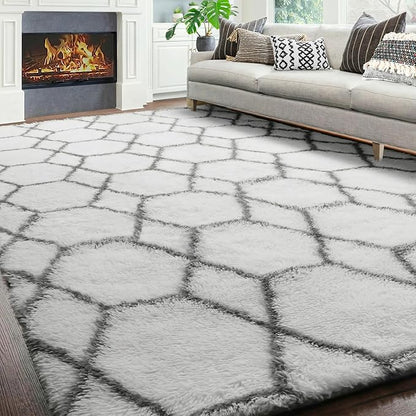 ONASAR Area Rugs for Living Room, 5x8 Fluffy White and Grey Rug for Bedroom, Geometric Moroccan Indoor Shaggy Boho Soft Plush Floor Carpet for Kids Teen Nursery Dorm Home Decor Aesthetic