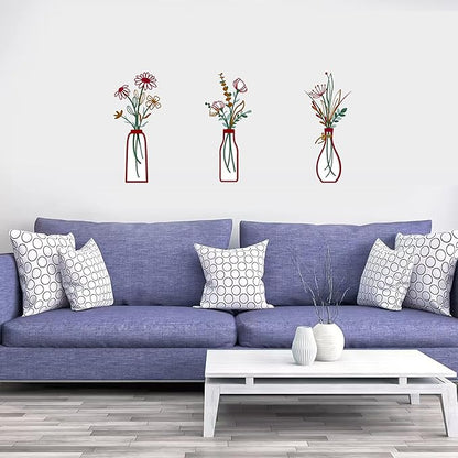 3 Pieces Metal Flowers Wall Arts - Rustic Farmhouse Style Décor Metal Wall Art Black Minimalist Flower Natural Themed Wall Decors for Home Bedroom Dining Room Housewarming (Red)