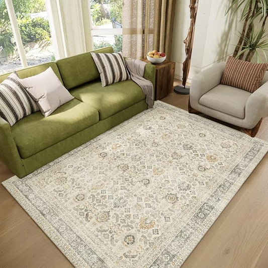 HedwiorWashable 4x6 Rugs for Living Room, Boho Non-Slip Vintage Distress Small Rugs for Bedroom Nursery Office, 0.3" Neutral Oriental Throw Thin Carpet with Cushioning Pad, Grey/Beige/Multi, C2