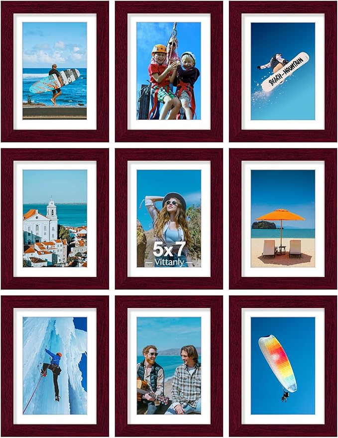 Vittanly 5x7 Picture Frames Set of 9, Display 4x6 Pictures with Mat or 5x7 without Mat, Photo Frames for Wall or Tabletop with Plexiglass, Engineered Wood, Cherry Red