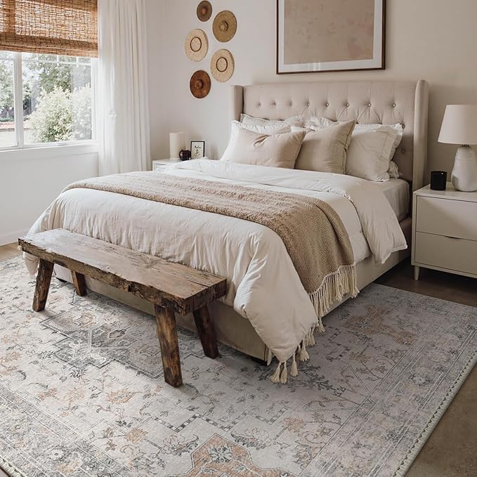 Bavni 8x10 Area Rug Washable Rug for Living Room Bedroom, Washable Vintage Print Carpet, Low Pile Rug with Non Slip Backing, Light Taupe Brown