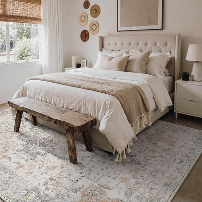 Bavni 8x10 Area Rug Washable Rug for Living Room Bedroom, Washable Vintage Print Carpet, Low Pile Rug with Non Slip Backing, Light Taupe Brown