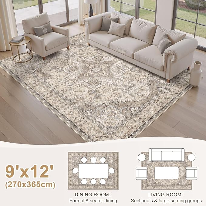 EIEIHOUSE Washable Area Rugs for Living Room - 9x12 Neutral Vintage Distressed Floral Farmhouse Boho Large Soft Floor Rug Indoor Non Slip Carpet for Bedroom Dining Room Office - Brown/Multi