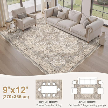 EIEIHOUSE Washable Area Rugs for Living Room - 9x12 Neutral Vintage Distressed Floral Farmhouse Boho Large Soft Floor Rug Indoor Non Slip Carpet for Bedroom Dining Room Office - Brown/Multi