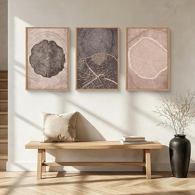 HOURIA Neutral Brown Tree Rings Framed Canvas Wall Art Set,Vintage Abstract Dark Gray Wood Stump Wall Decor,Modern Minimalist Wood Grain Slice Artwork for Living Room,Bedroom,Farmhouse- 16"x24"x3