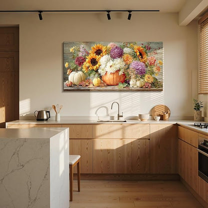 imjiayu Large Wall Art, Floral Wall Art, Rustic Wall Decor, Still Life Flowers Painting Prints, Autumn Pumpkins Vintage Canvas Pictures for Living Room Bedroom Kitchen Dining Room Farmhouse 24"x48"